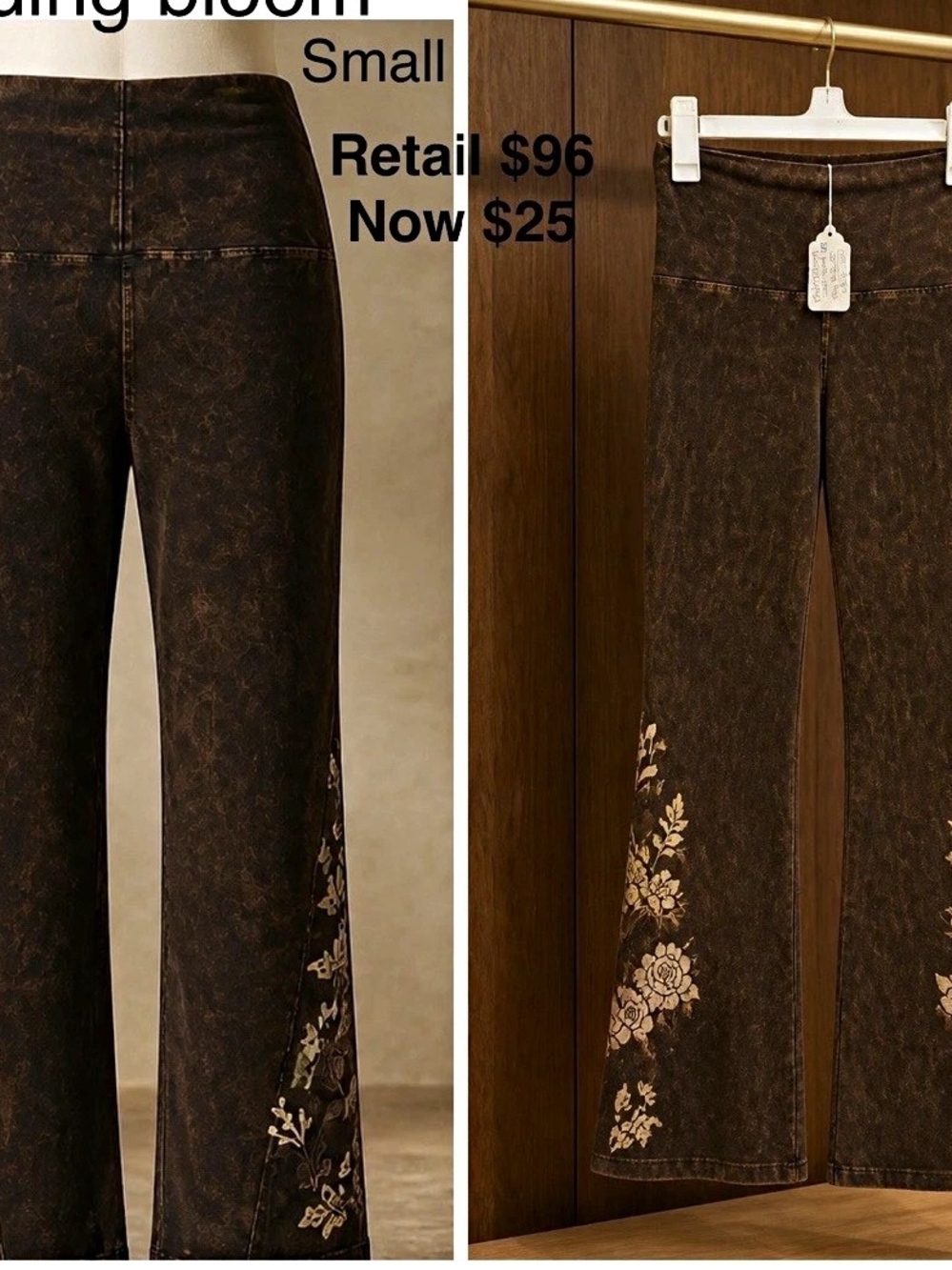 Fading Bloom Women's Brown Floral Embroidered High Rise Flared Dress Pants